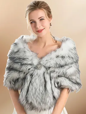 2025 Luxurious Gray-White Ombre Faux Fur Bridal Shawl