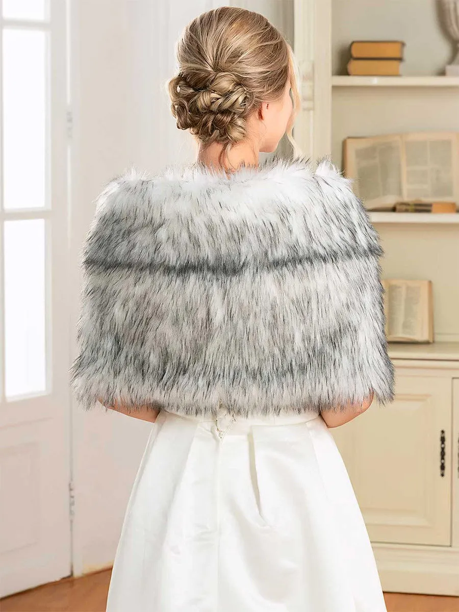 2025 Luxurious Gray-White Ombre Faux Fur Bridal Shawl