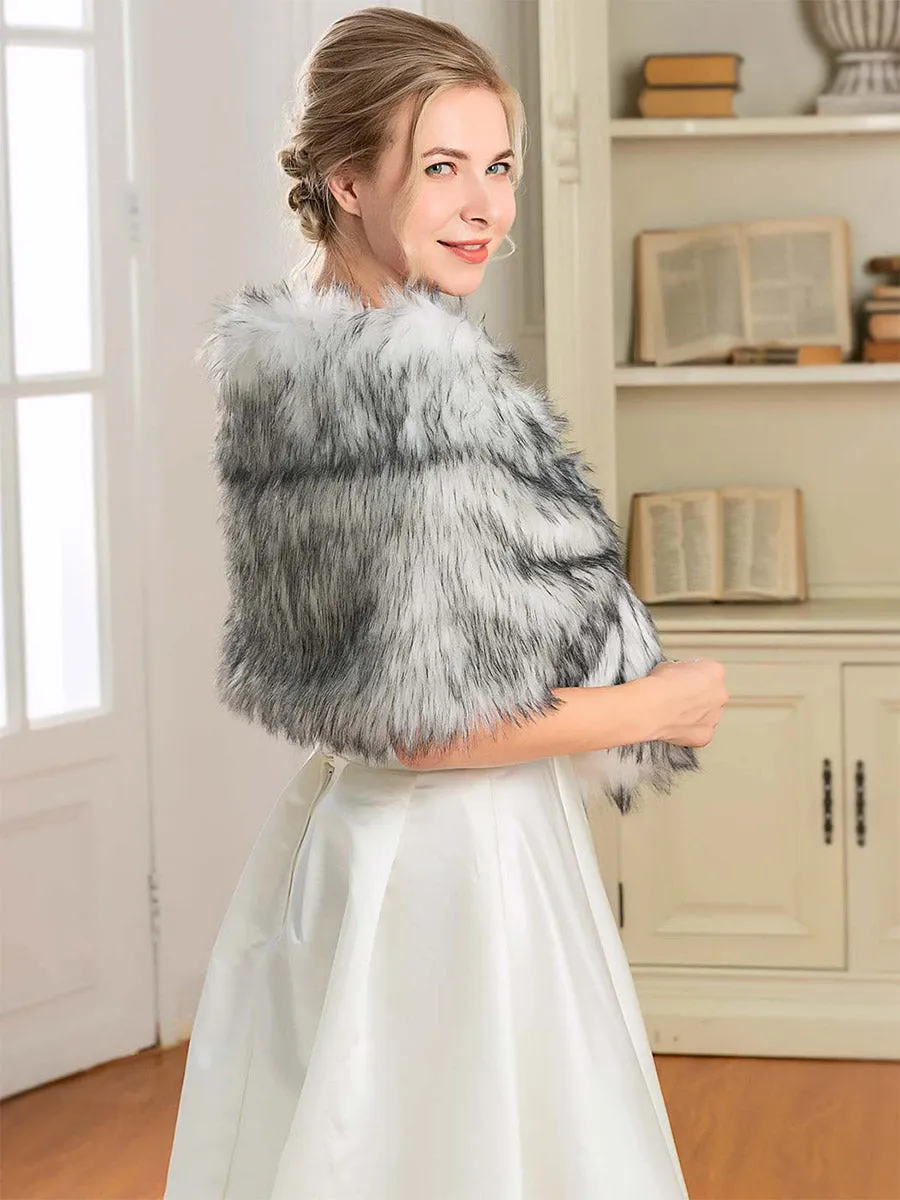2025 Luxurious Gray-White Ombre Faux Fur Bridal Shawl