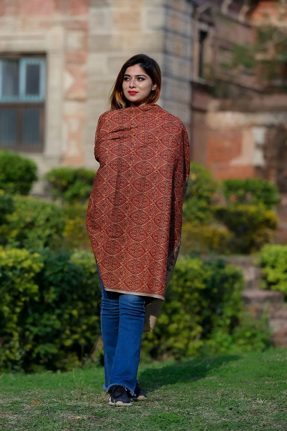 Beautiful Combination On Beige Color Embroidered Sozni Shawl Enriched With Beautiful Jaal Pattern Having Paisley And Border