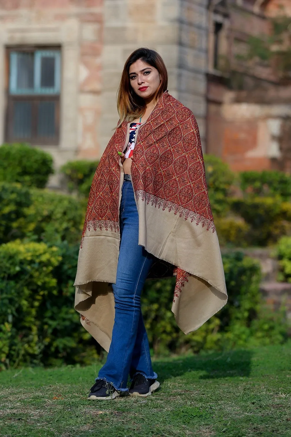Beautiful Combination On Beige Color Embroidered Sozni Shawl Enriched With Beautiful Jaal Pattern Having Paisley And Border