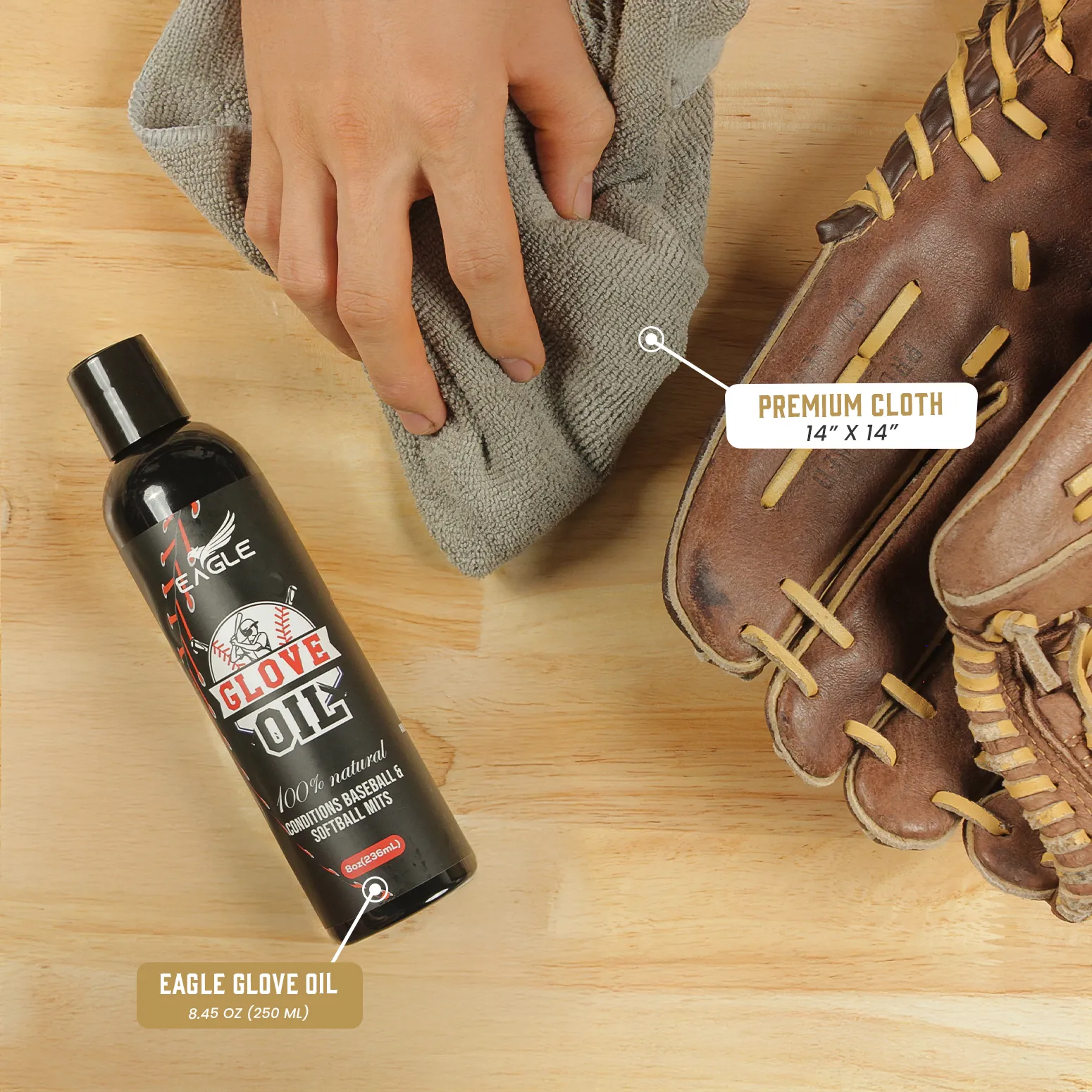 Eagle Baseball Glove Oil Conditioner with Applicator Cloth - 250mL (8.45oz) Glove Oil for Break-in & Glove Treatment - Leather Softener & Conditioner for Baseball, Softball Mitts