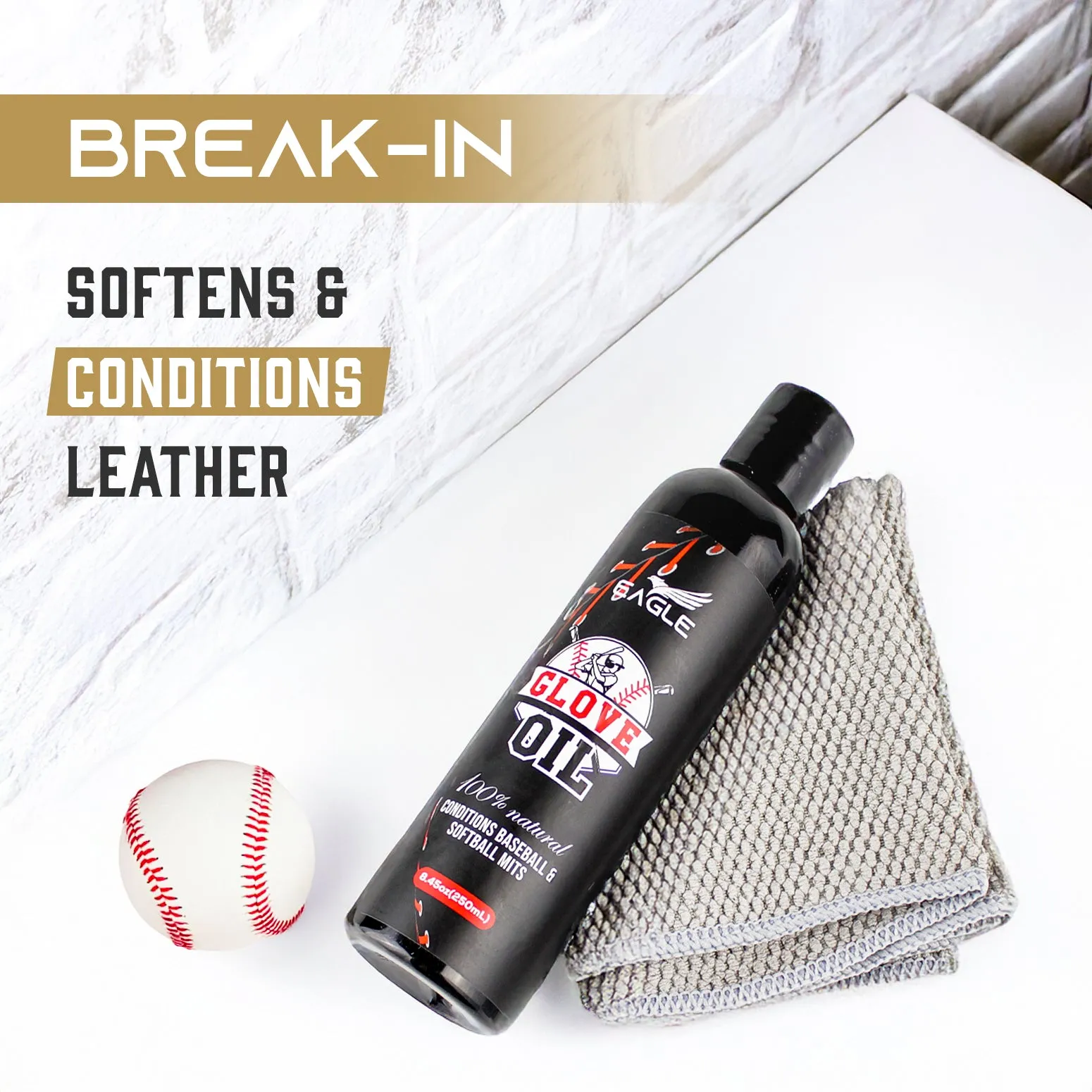 Eagle Baseball Glove Oil Conditioner with Applicator Cloth - 250mL (8.45oz) Glove Oil for Break-in & Glove Treatment - Leather Softener & Conditioner for Baseball, Softball Mitts