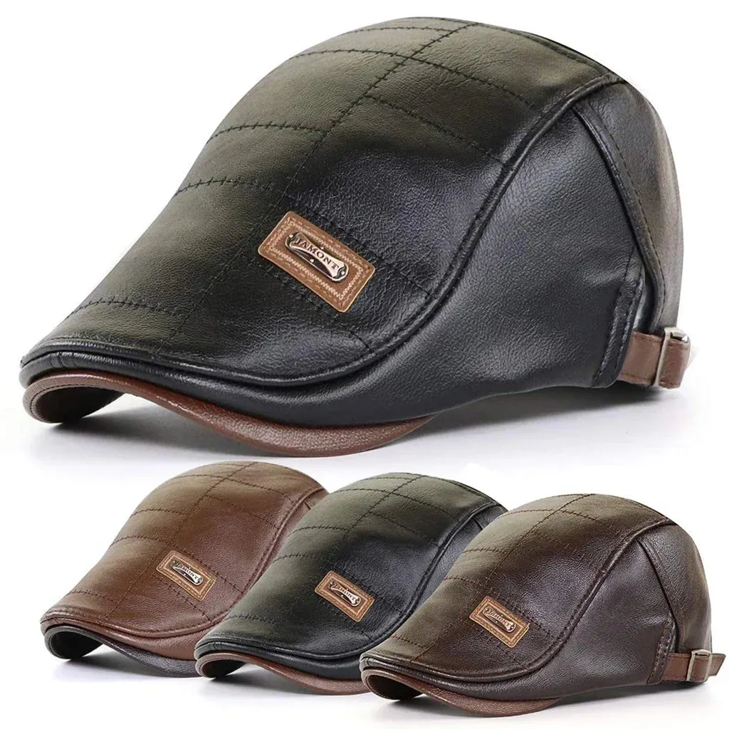 Fashion Men PU Leather Beret Autumn Winter Visor Flat Cap Thicken Warm Hat Berets Vintage England Newsboy Caps Higher Quality