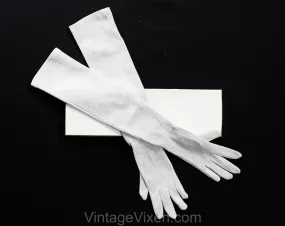 Long Silver Gloves - Glamour Girl 1950s 60s Metallic Lurex Knit Gloves - Past The Elbow Upper Arm Opera Length - Original Reptile Print Box