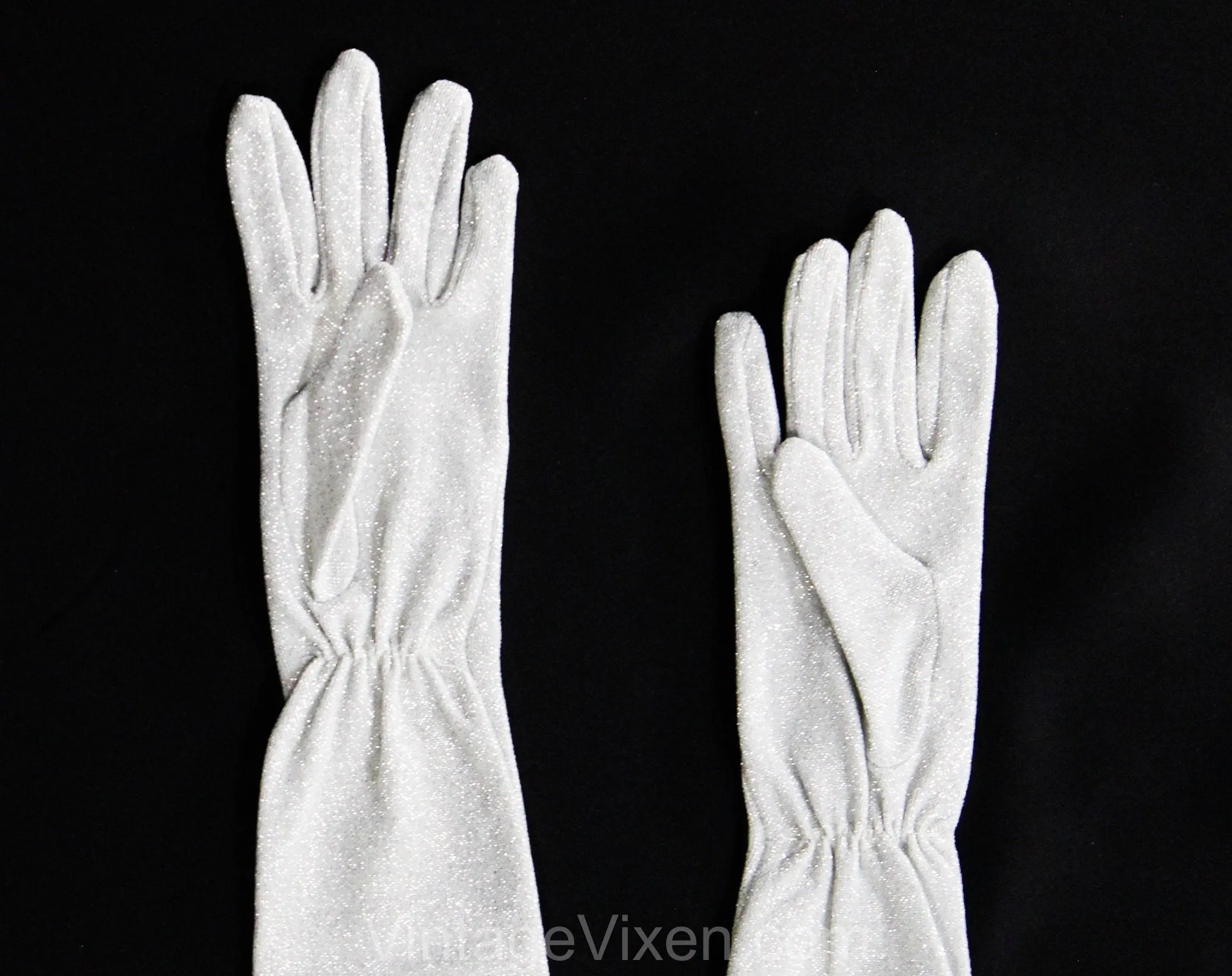 Long Silver Gloves - Glamour Girl 1950s 60s Metallic Lurex Knit Gloves - Past The Elbow Upper Arm Opera Length - Original Reptile Print Box