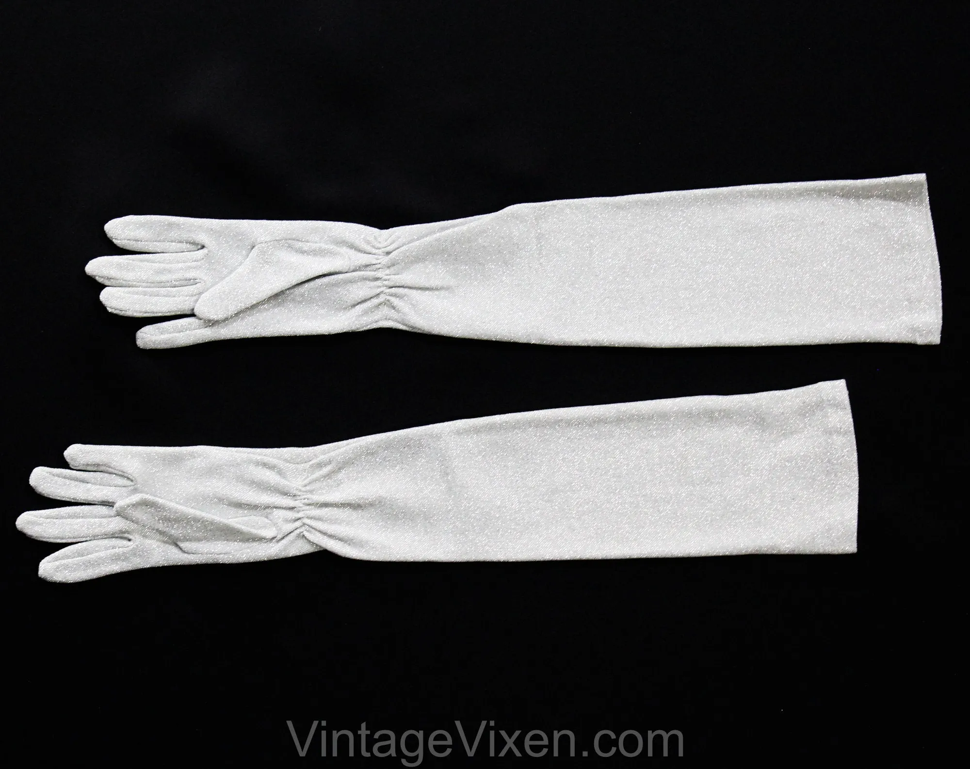 Long Silver Gloves - Glamour Girl 1950s 60s Metallic Lurex Knit Gloves - Past The Elbow Upper Arm Opera Length - Original Reptile Print Box