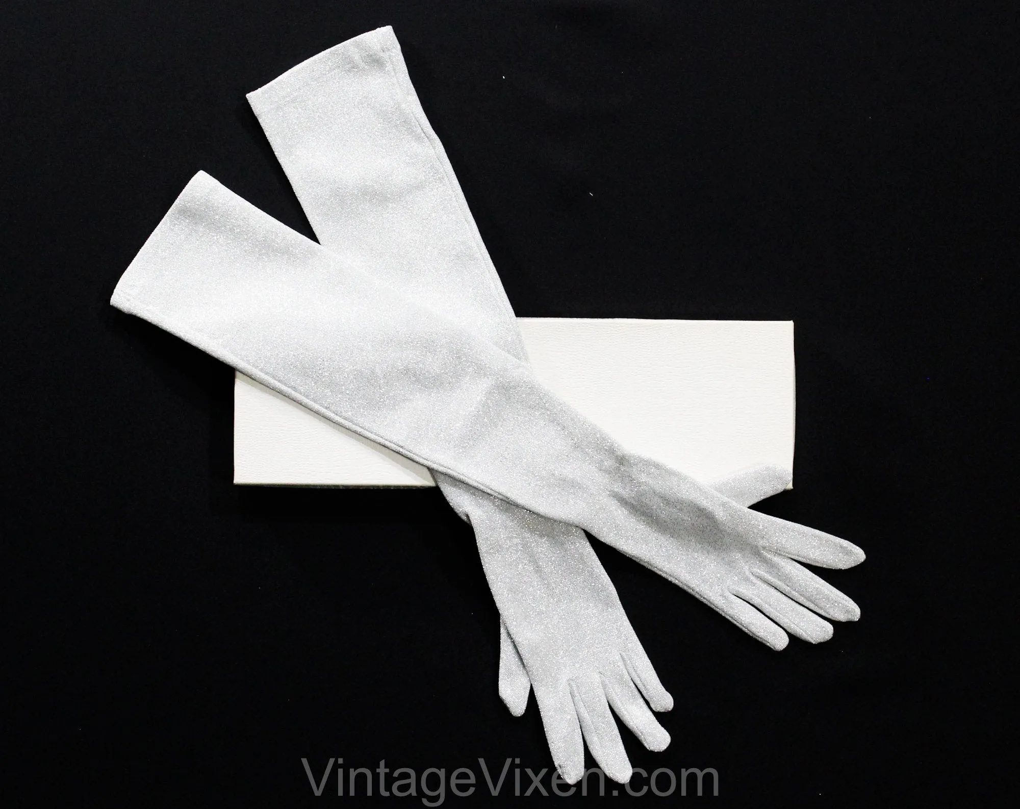 Long Silver Gloves - Glamour Girl 1950s 60s Metallic Lurex Knit Gloves - Past The Elbow Upper Arm Opera Length - Original Reptile Print Box