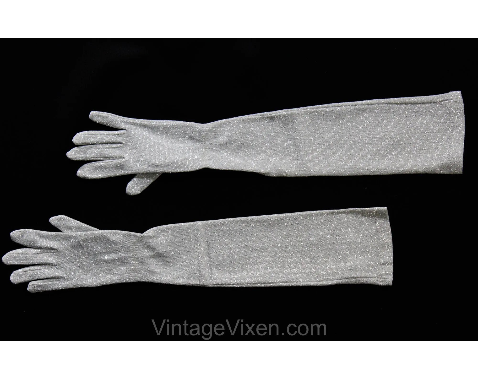Long Silver Gloves - Glamour Girl 1950s 60s Metallic Lurex Knit Gloves - Past The Elbow Upper Arm Opera Length - Original Reptile Print Box