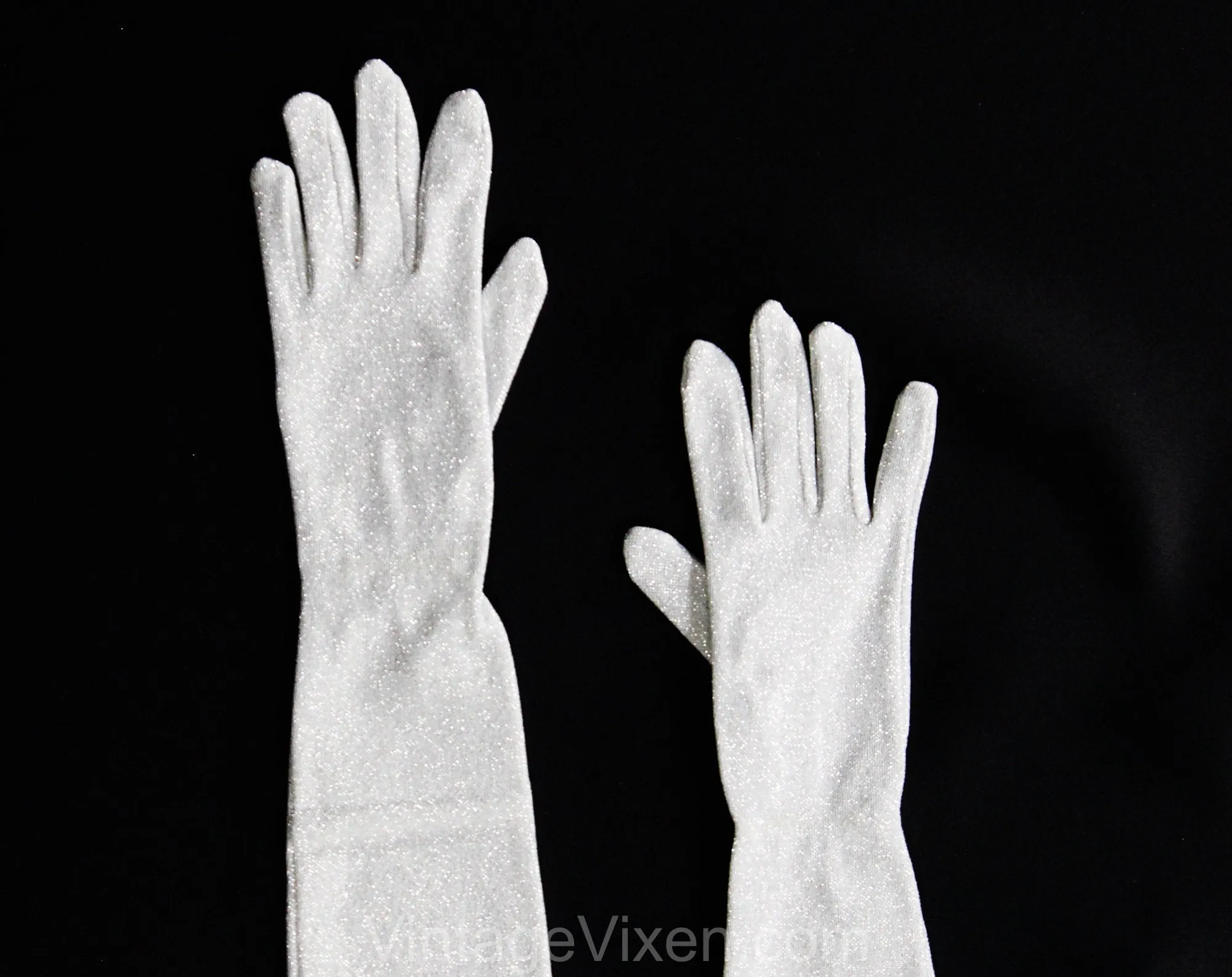 Long Silver Gloves - Glamour Girl 1950s 60s Metallic Lurex Knit Gloves - Past The Elbow Upper Arm Opera Length - Original Reptile Print Box