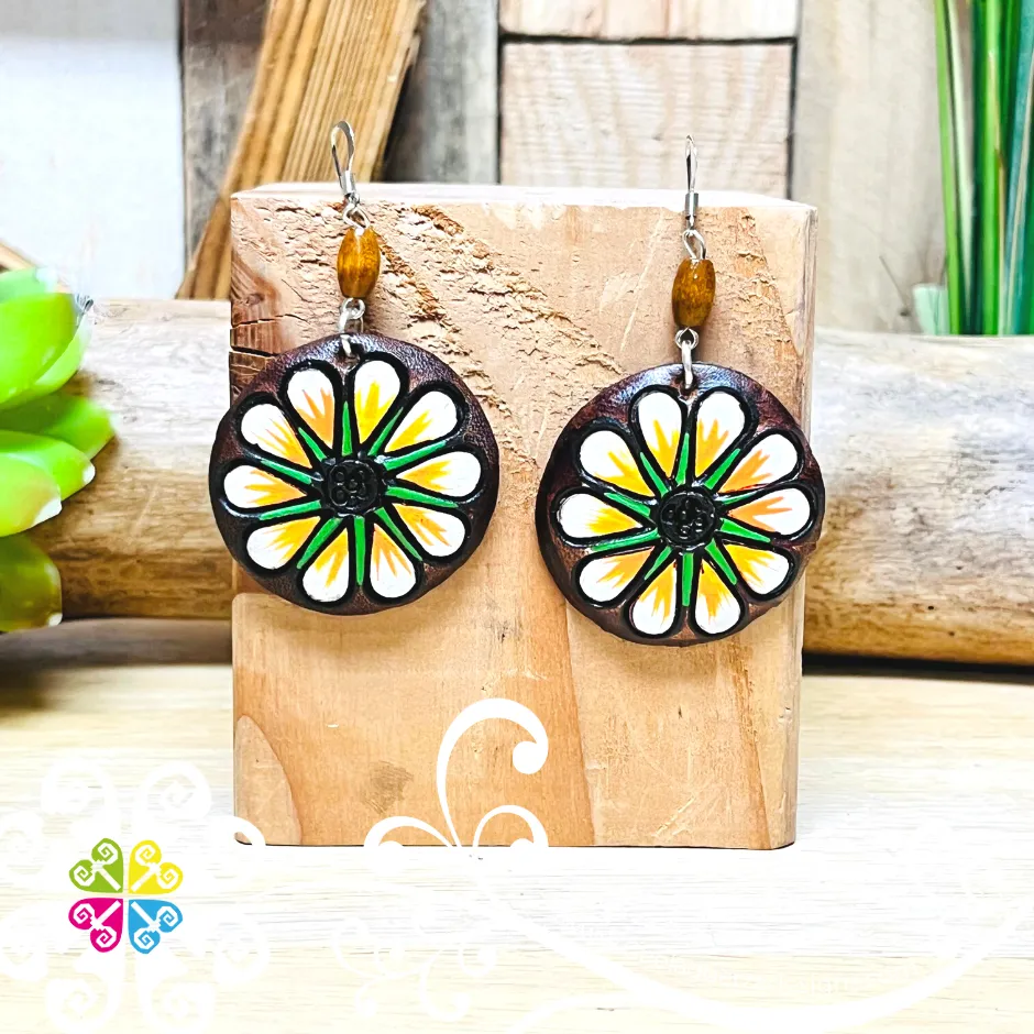 Round Flower - Artisan Leather Earrings
