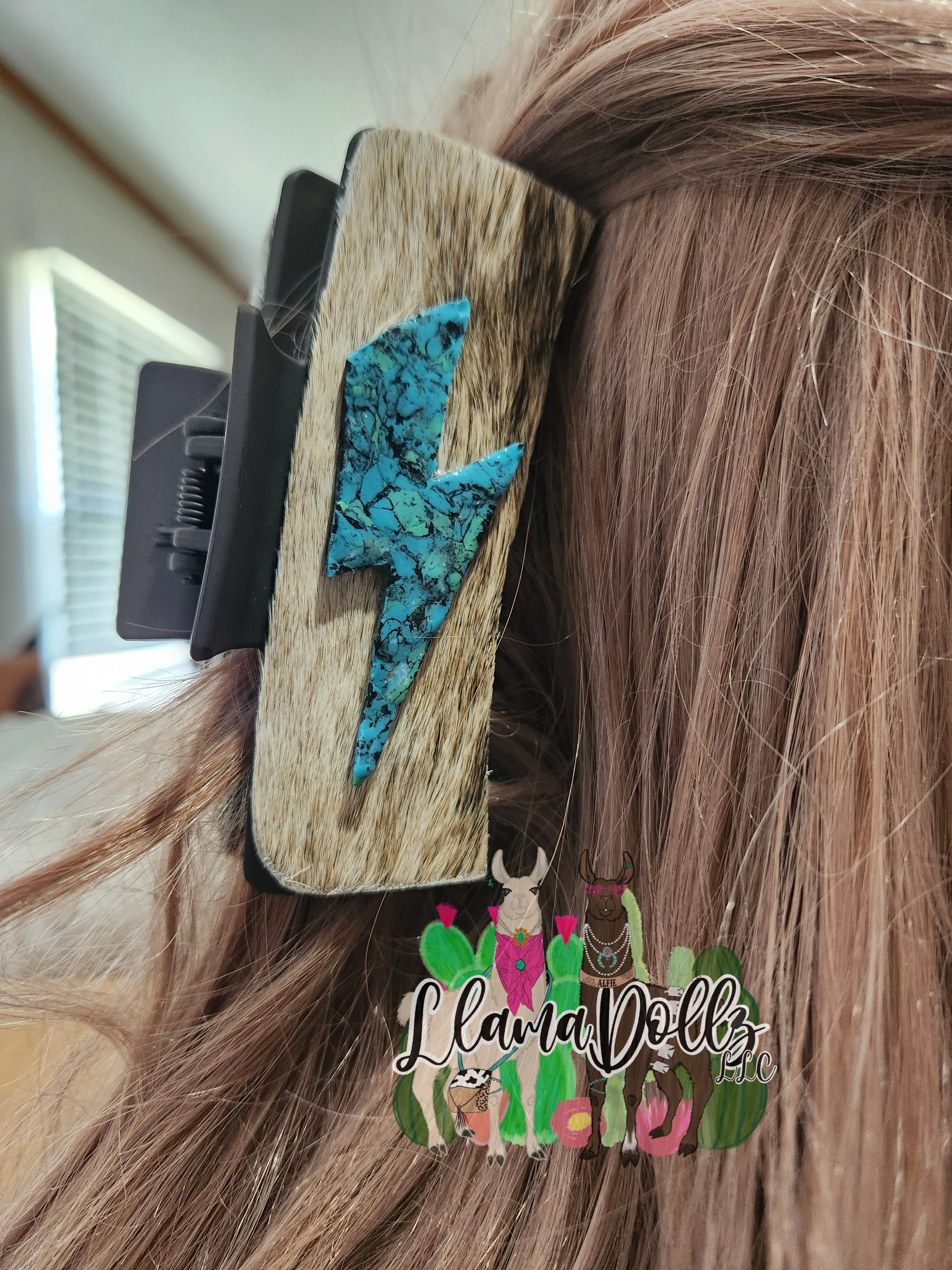 Turquoise Lightning Bolt Cowhide 4 inch Claw Clip