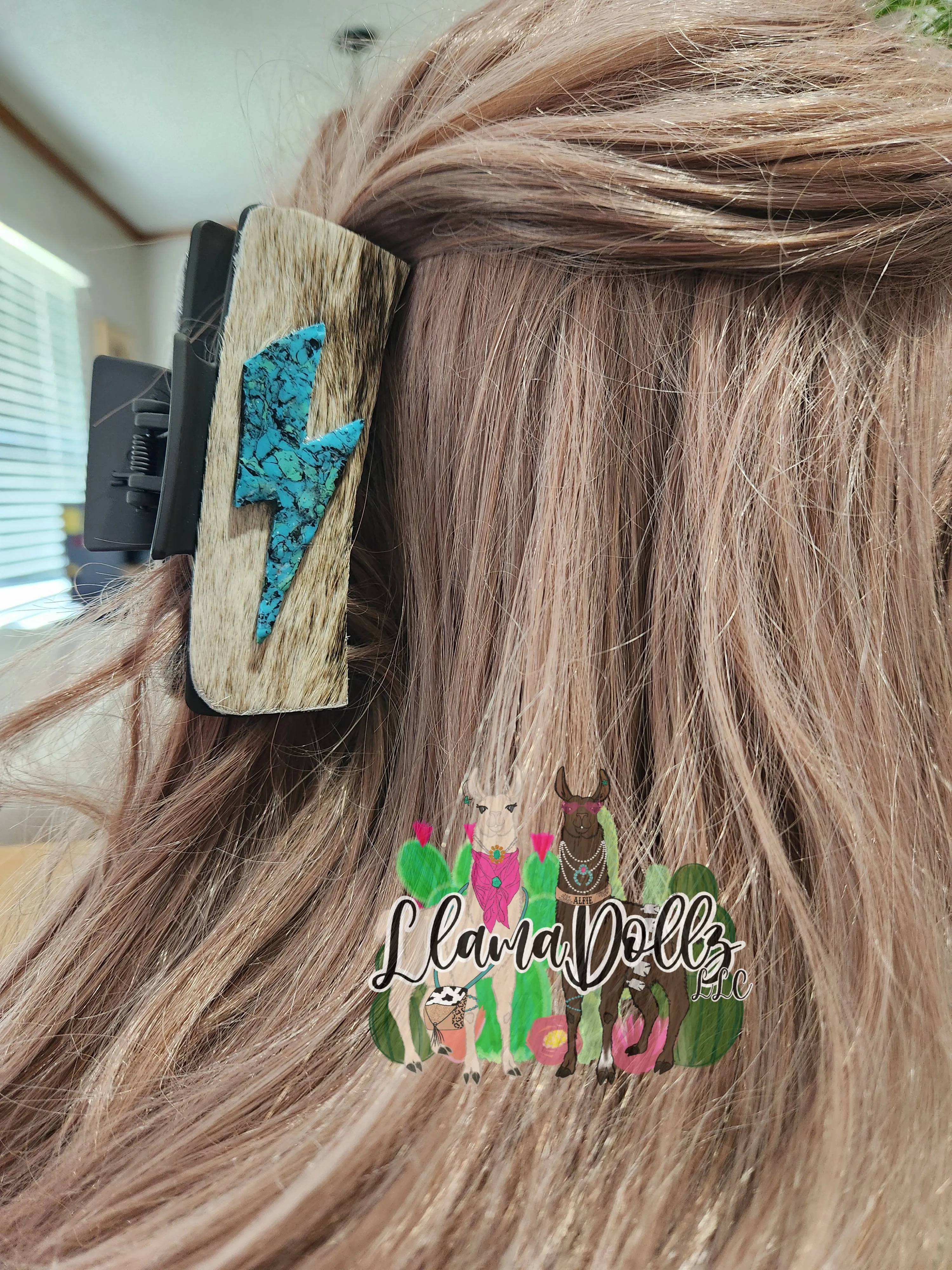 Turquoise Lightning Bolt Cowhide 4 inch Claw Clip