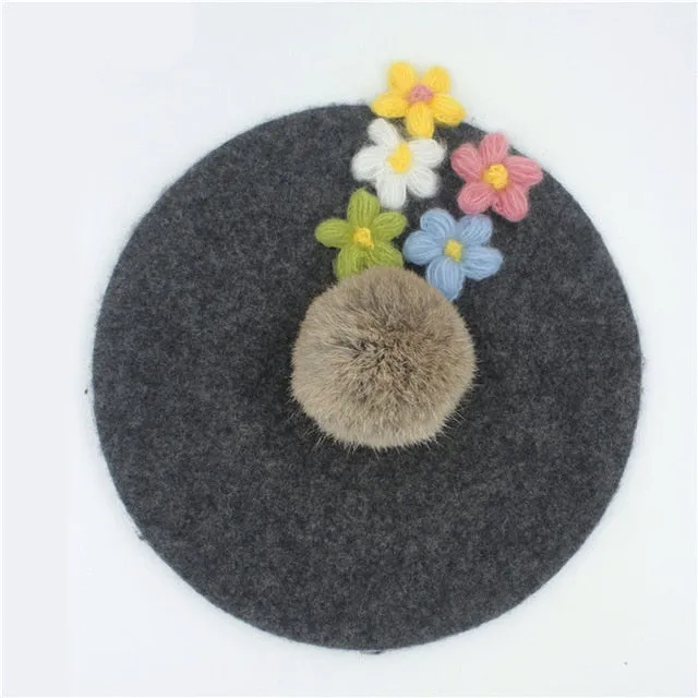 Women's pom poms Beret Hat