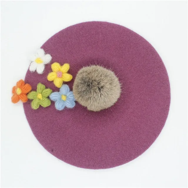 Women's pom poms Beret Hat