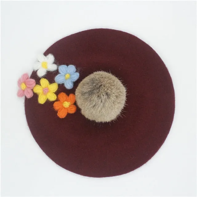 Women's pom poms Beret Hat