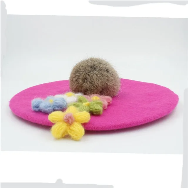 Women's pom poms Beret Hat