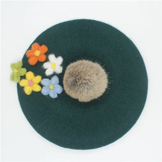 Women's pom poms Beret Hat